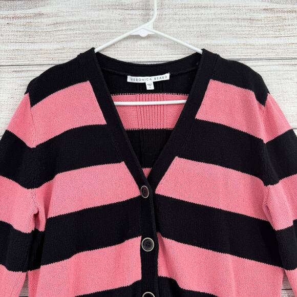 Veronica Beard Pink and Black Striped Cropped Button Cardigan - Picture 3 of 9